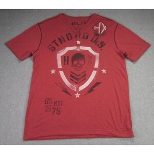 Helix Mens L Red Henley Shirt Skull Rock Shield Graphic Y2K Grunge Rocker Style